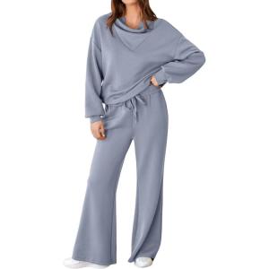 imageAleumdr Womens 2 Piece Outfits Lounge Set Mock Neck Long Sleeve Sweatshirt With Wide Leg Pants Sweatsuit Fall 2025Dusk Blue