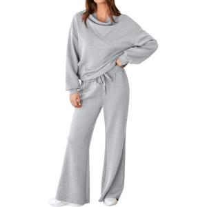 imageAleumdr Womens 2 Piece Outfits Lounge Set Mock Neck Long Sleeve Sweatshirt With Wide Leg Pants Sweatsuit Fall 2025Grey