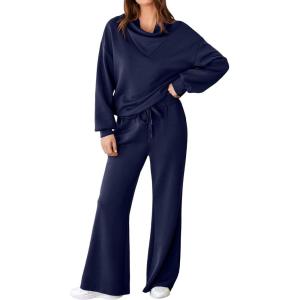 imageAleumdr Womens 2 Piece Outfits Lounge Set Mock Neck Long Sleeve Sweatshirt With Wide Leg Pants Sweatsuit Fall 2025Navy Blue