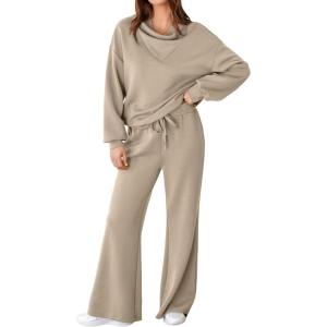 imageAleumdr Womens 2 Piece Outfits Lounge Set Mock Neck Long Sleeve Sweatshirt With Wide Leg Pants Sweatsuit Fall 2025Simply Taupe