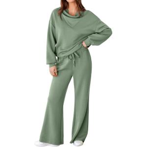 imageAleumdr Womens 2 Piece Outfits Lounge Set Mock Neck Long Sleeve Sweatshirt With Wide Leg Pants Sweatsuit Fall 2025Smoke Green