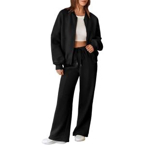 imageAleumdr Womens 2 Piece Outfits Oversized Fleece Sweatsuit Zip Up Long Sleeve Sweatshirt with Wide Leg SweatpantsBlack