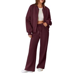 imageAleumdr Womens 2 Piece Outfits Oversized Fleece Sweatsuit Zip Up Long Sleeve Sweatshirt with Wide Leg SweatpantsBurgundy