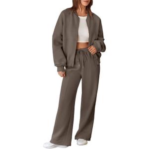 imageAleumdr Womens 2 Piece Outfits Oversized Fleece Sweatsuit Zip Up Long Sleeve Sweatshirt with Wide Leg SweatpantsDark Brown