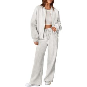 imageAleumdr Womens 2 Piece Outfits Oversized Fleece Sweatsuit Zip Up Long Sleeve Sweatshirt with Wide Leg SweatpantsLight Grey
