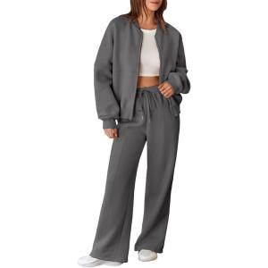imageAleumdr Womens 2 Piece Outfits Oversized Fleece Sweatsuit Zip Up Long Sleeve Sweatshirt with Wide Leg SweatpantsMedium Grey