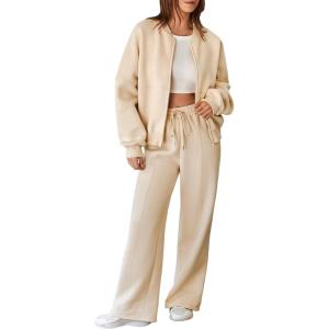 imageAleumdr Womens 2 Piece Outfits Oversized Fleece Sweatsuit Zip Up Long Sleeve Sweatshirt with Wide Leg SweatpantsOatmeal