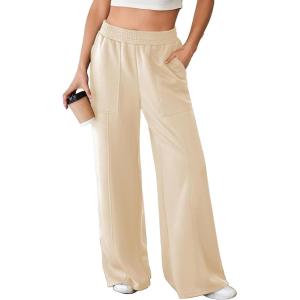 imageAleumdr Womens Wide Leg Sweatpants Elastic High Waisted Long Pants Casual Loose Yoga Pants with Pockets 2025Beige