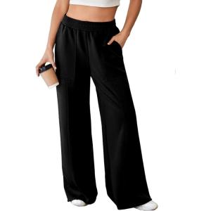 imageAleumdr Womens Wide Leg Sweatpants Elastic High Waisted Long Pants Casual Loose Yoga Pants with Pockets 2025Black