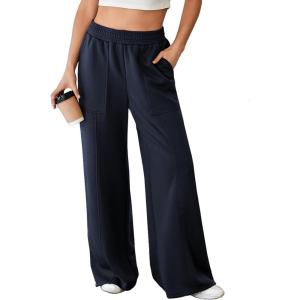imageAleumdr Womens Wide Leg Sweatpants Elastic High Waisted Long Pants Casual Loose Yoga Pants with Pockets 2025Navy Blue