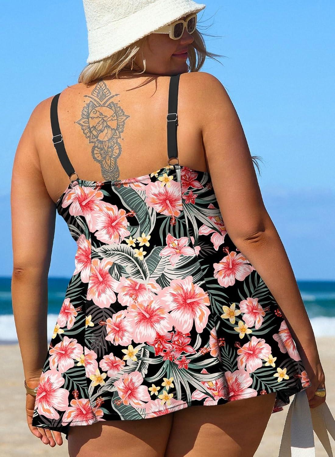 imageAleumdr Womens Plus Size One Piece Swimsuit Tummy Control One Piece Bathing Suit with Skirt Vintage Swimdress with PocketsFloral Pink