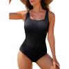 imageAleumdr One Piece Swimsuit Women Tummy Control Bathing Suits Ribbed Square Neck Womens Fashion SwimwearA1 Black