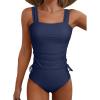 imageAleumdr Womens Retro Ruched Two Piece Strappy Tummy Control Swimwear Tie Side Tankini Bathing Suit SetNavy Blue