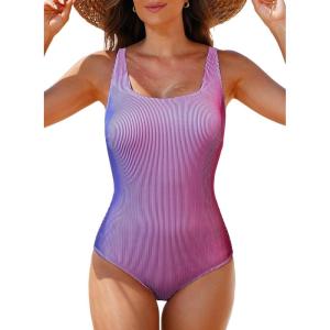 imageAleumdr One Piece Swimsuit Women Tummy Control Bathing Suits Ribbed Square Neck Womens Fashion SwimwearA2 Purple