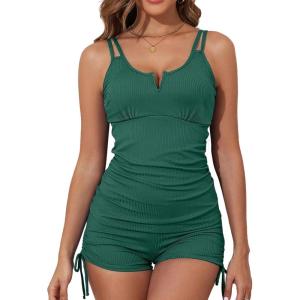 imageAleumdr Tankini Bathing Suit for Women High Waisted Tummy Control Ribbed 2 Piece Swimsuit Tankini Top with Boyshorts Blackish Green Medium