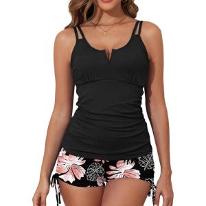 imageAleumdr Tankini Swimsuit for Women Athletic 2 Piece Tummy Control Bathing Suit Modest Swim Tank Top with Shorts Flora Black XLarge