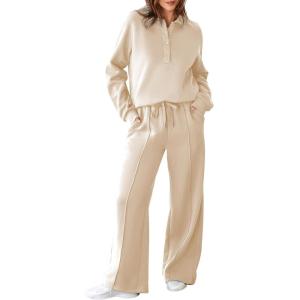 imageAleumdr Womens 2 Piece Outfits Sweatsuit Oversized Sweatshirt Wide Leg Sweatpants Matching Lounge Set 2024Beige