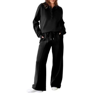 imageAleumdr Womens 2 Piece Outfits Sweatsuit Oversized Sweatshirt Wide Leg Sweatpants Matching Lounge Set 2024Black