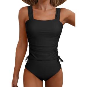 imageAleumdr Womens Retro Ruched Two Piece Strappy Tummy Control Swimwear Tie Side Tankini Bathing Suit SetBlack