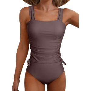 imageAleumdr Womens Retro Ruched Two Piece Strappy Tummy Control Swimwear Tie Side Tankini Bathing Suit SetCoffee