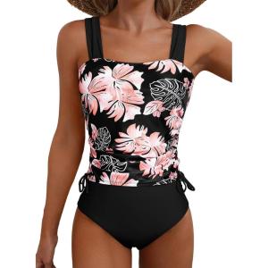 imageAleumdr Womens Retro Ruched Two Piece Strappy Tummy Control Swimwear Tie Side Tankini Bathing Suit SetFloral Black