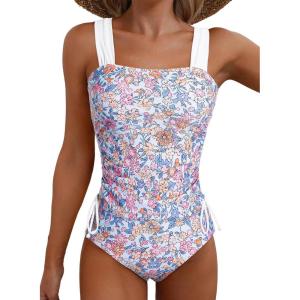 imageAleumdr Womens Retro Ruched Two Piece Strappy Tummy Control Swimwear Tie Side Tankini Bathing Suit SetFloral Pink