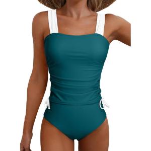 imageAleumdr Womens Retro Ruched Two Piece Strappy Tummy Control Swimwear Tie Side Tankini Bathing Suit SetGreen White