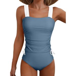 imageAleumdr Womens Retro Ruched Two Piece Strappy Tummy Control Swimwear Tie Side Tankini Bathing Suit SetNavy White