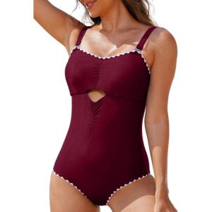 imageAleumdr One Piece Swimsuit Women Cut Out Bathing Suits Color Block Womens Swimsuits SwimwearA7 Wine Red