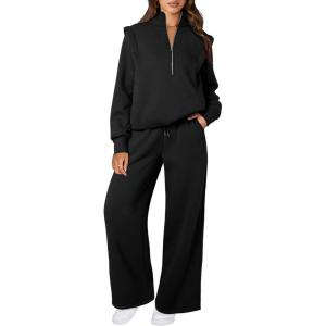 imageAleumdr Womens 2 Piece Outfits Oversized Fleece Sweatsuit Half Zip Sweatshirt with Wide Leg Sweatpants Lounge SetBlack