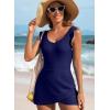 imageAleumdr Womens One Piece Swimdress Ruffle V Neck Swimsuit Modest Tummy Control Slimming Bathing Suit with SkirtNavy Blue