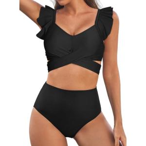 imageAleumdr Womens High Waisted Bikini Sets Ruffle Two Piece Swimsuits Crisscross Bathing SuitsA1 Black