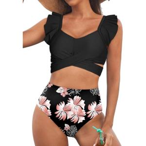 imageAleumdr Womens High Waisted Bikini Sets Ruffle Two Piece Swimsuits Crisscross Bathing SuitsA2 Black
