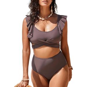 imageAleumdr Womens High Waisted Bikini Sets Ruffle Two Piece Swimsuits Crisscross Bathing SuitsA6 Brown