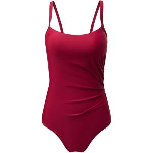 imageAleumdr Womens One Piece Swimsuit Ruched Tummy Control Bathing Suit Square Neck Push Up SwimwearBurgundy