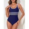 imageAleumdr Womens Color Block One Piece Athletic Swimsuit Sports Tummy Control Cheeky High Cut Bathing SuitsBlue