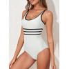 imageAleumdr Womens Color Block One Piece Athletic Swimsuit Sports Tummy Control Cheeky High Cut Bathing SuitsWhite