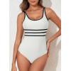 imageAleumdr Womens Color Block One Piece Athletic Swimsuit Sports Tummy Control Cheeky High Cut Bathing SuitsWhite