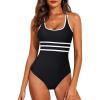 imageAleumdr Womens Color Block One Piece Athletic Swimsuit Sports Tummy Control Cheeky High Cut Bathing SuitsBlack