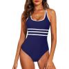 imageAleumdr Womens Color Block One Piece Athletic Swimsuit Sports Tummy Control Cheeky High Cut Bathing SuitsBlue