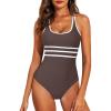imageAleumdr Womens Color Block One Piece Athletic Swimsuit Sports Tummy Control Cheeky High Cut Bathing SuitsCoffee