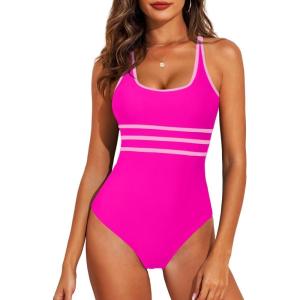 imageAleumdr Womens Color Block One Piece Athletic Swimsuit Sports Tummy Control Cheeky High Cut Bathing SuitsHot Pink