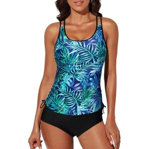 imageAleumdr Womens Blouson Tankini Swimsuits Athletic Two Piece Strappy Tummy Control Bathing Suits with BottomsBlue Leaf