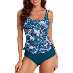 imageAleumdr Womens Blouson Tankini Swimsuits Athletic Two Piece Strappy Tummy Control Bathing Suits with BottomsFloral Blue