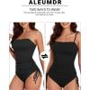 imageAleumdr Womens Ribbed One Piece Tummy Control Swimsuit Cheeky Tie Side High Cut Bathing Suit SwimwearBlack