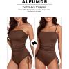 imageAleumdr Womens Ribbed One Piece Tummy Control Swimsuit Cheeky Tie Side High Cut Bathing Suit SwimwearCoffee