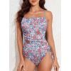imageAleumdr Womens Ribbed One Piece Tummy Control Swimsuit Cheeky Tie Side High Cut Bathing Suit SwimwearFloral Blue