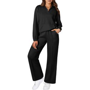 imageAleumdr Women 2 Piece Sweatsuit Casual Long Sleeve Half Zip Tracksuits Hoodies and Wide Legs Sweatpangts with PocketsBlack