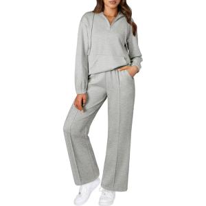 imageAleumdr Women 2 Piece Sweatsuit Casual Long Sleeve Half Zip Tracksuits Hoodies and Wide Legs Sweatpangts with PocketsLight Grey