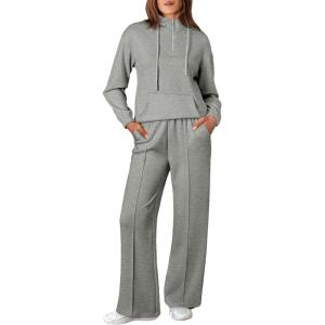imageAleumdr Women 2 Piece Sweatsuit Casual Long Sleeve Half Zip Tracksuits Hoodies and Wide Legs Sweatpangts with PocketsMedium Grey